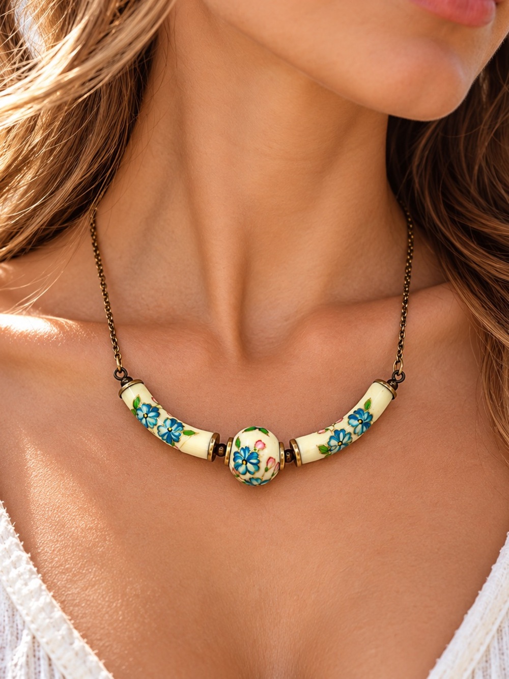 Vintage Hand Painted Porcelain Floral Bead Statement Necklace